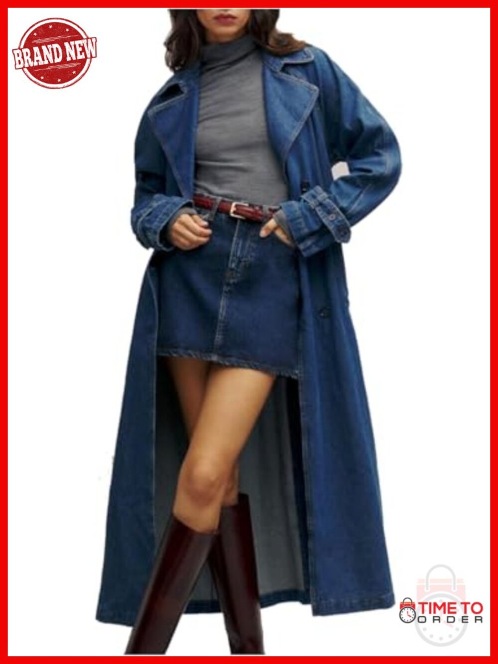 Women's Denim Trench Coat Double Breasted Midi Jacket with Belt Cotton Blend